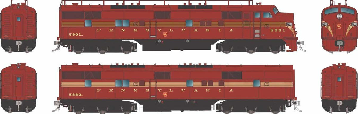 EMD E7A - E7B Set - Standard DC -- Pennsylvania Railroad #5883, 5842B (5-Stripe, Tuscan, gold)