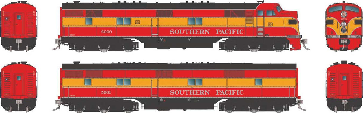 EMD E7A - E7B Set - Standard DC -- Southern Pacific #6004, 5905 (Daylight, red, orange, black)