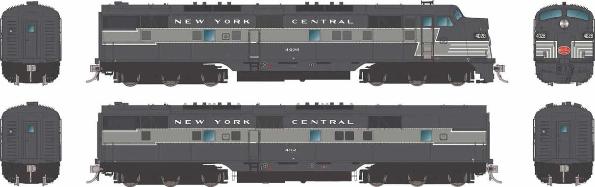 EMD E7A - E7B Set - Sound and DCC -- New York Central #4014, 4100 (Lightning Stripe, 2-Tone Gray)