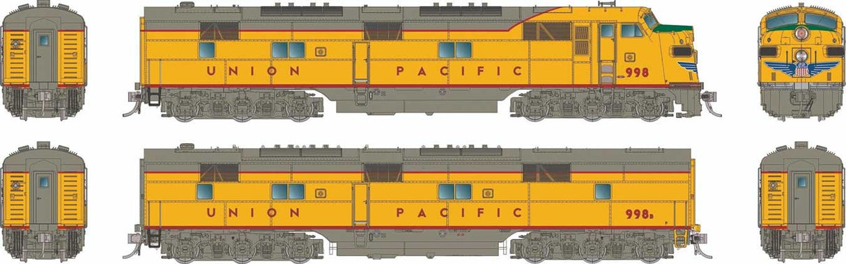EMD E7A - E7B Set - Sound and DCC -- Union Pacific  #989, 998B (Armour Yellow, gray, red)