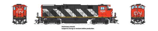 Montreal Locomotive Works MLW M420 - Standard DC -- Canadian National #3539 (MR-20b, Stripe Scheme, black, white, red)