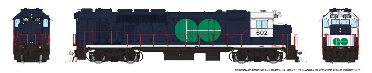 GP40TC - Standard DC -- GO Transit #602 (Early dark blue, white, green)