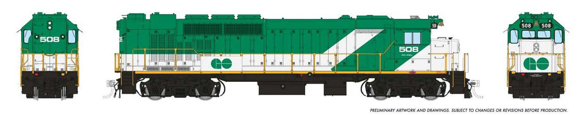 GP40TC - Standard DC -- GO Transit #504 (green, white, Early Lettering Font)