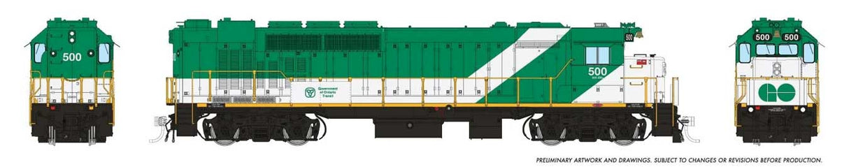GP40TC - Standard DC -- GO Transit #500 (green, white, Late Lettering Font)
