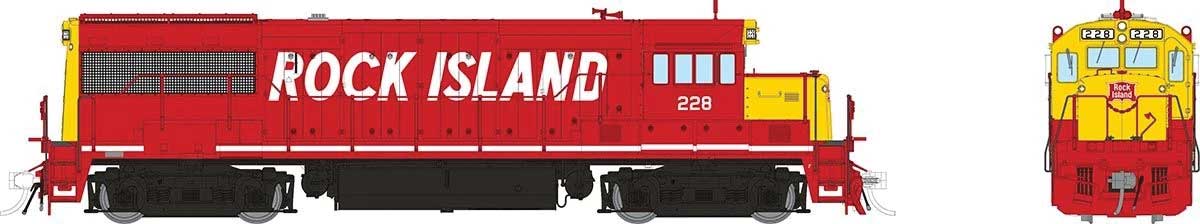 GE U25B Low Hood - Standard DC -- Rock Island #228 (red, yellow, billboard white lettering)