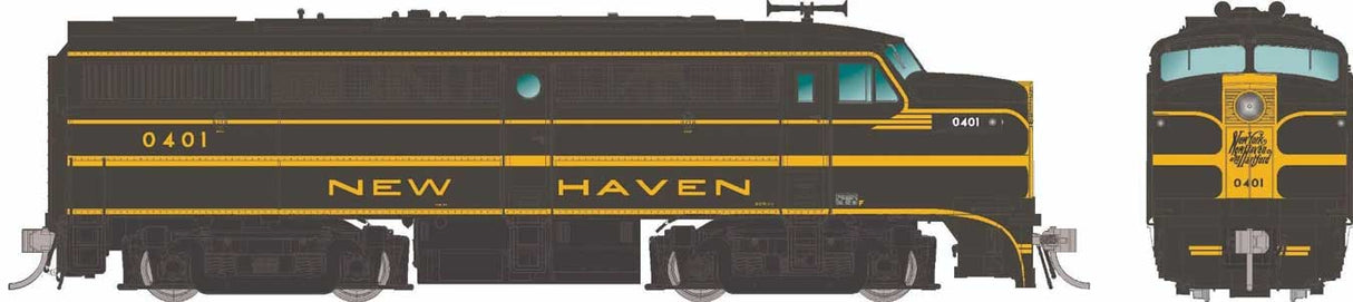 Alco FA1 - Standard DC -- New Haven #0410 (green, yellow, Script Logo)