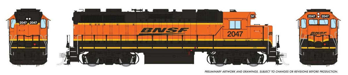 EMD GP38 Low Nose w/Extended Cab - Standard DC -- BNSF Railway #2047 (H3, orange, black, yellow)