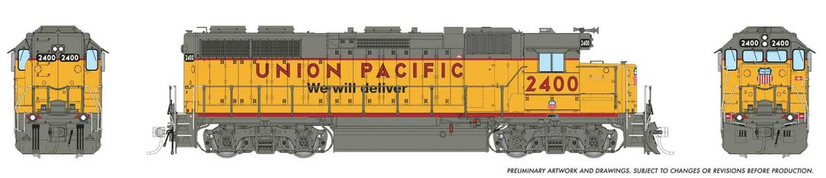 EMD GP38 Low Nose - Sound and DCC -- Union Pacific #2416 (-3 Rebuild, Armour Yellow, gray, We Will Deliver Slogan