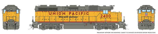 EMD GP38 Low Nose - Sound and DCC -- Union Pacific #2416 (-3 Rebuild, Armour Yellow, gray, We Will Deliver Slogan