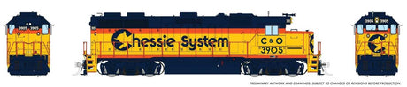 EMD GP39 - Standard DC -- Chessie System C&O #3908 (yellow, vermillion, blue)