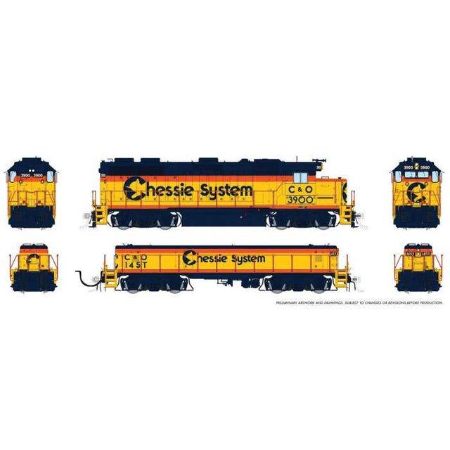 EMD GP39 & EMD/Huntington SWMT Slug Set - Standard DC -- Chessie System C&O #3905, 147T (yellow, vermillion, blue)