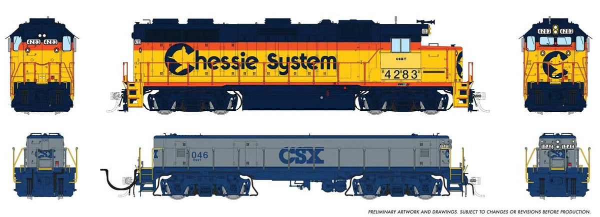 EMD GP39 & EMD/Huntington SWMT Slug Set - Standard DC -- CSX #4287, 1042 (yellow, vermillion, blue, loco, gray & blue slug)