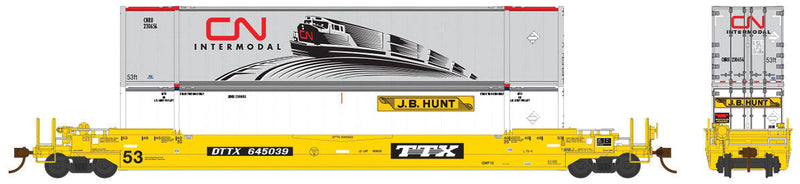 53' Husky-Stack Well Car w/2 53' Containers - Ready to Run - Prime Movers -- TTX #645320 (yellow, black, Random Containers)