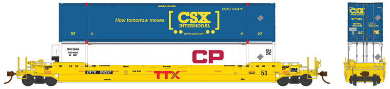 53' Husky-Stack Well Car w/2 53' Containers - Ready to Run - Prime Movers -- TTX #652197 (yellow, black, maroon Forward Thinking Logo, Random Containers)