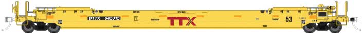 53' Husky-Stack Well Car - Ready to Run -- TTX 645015 (yellow, black, red Forward Thinking Logo)
