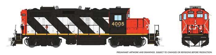 GP9rm - Standard DC -- Canadian National #4005 (Stripe Scheme, black, white, red)