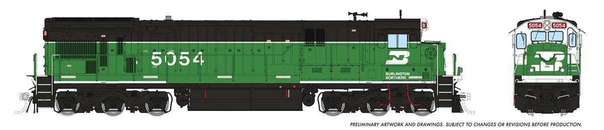 GE C36-7 - Standard DC -- Burlington Northern #5054 (Whiteface Scheme, Stripe; Cascade Green, black)