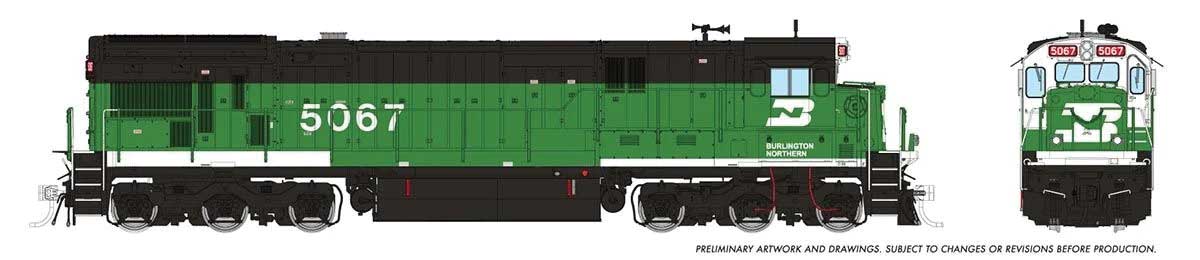 GE C36-7 - Standard DC -- Burlington Northern #5067 (Whiteface Scheme, Cascade Green, black)
