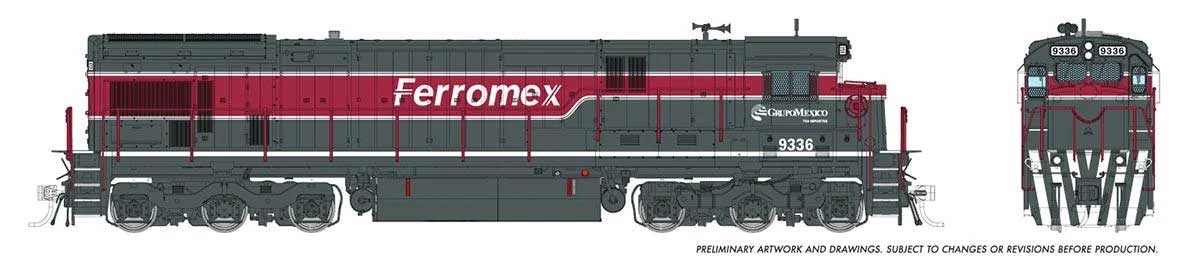 GE C36-7 - Standard DC -- Ferromex #9336 (gray, red, white)