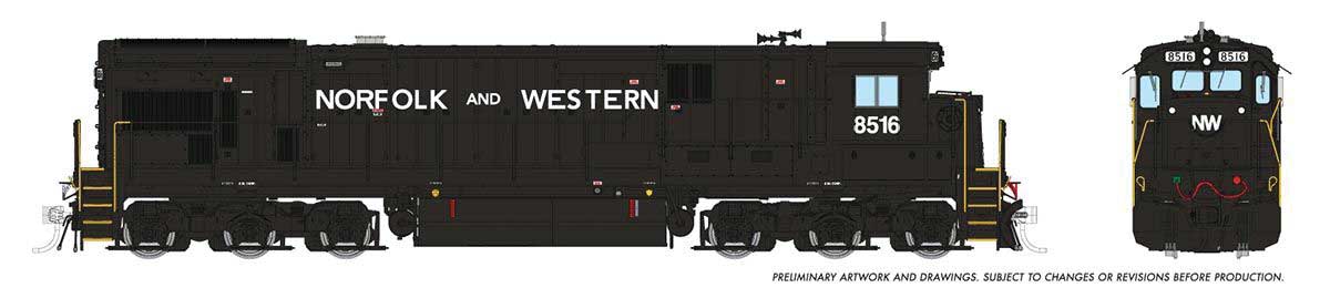 GE C36-7 - Standard DC -- Norfolk & Western #8516 (Claytor Scheme, black white, Spelled-Out Roadname)