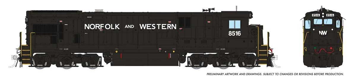 GE C36-7 - Standard DC -- Norfolk & Western #8530 (Claytor Scheme, black white, Spelled-Out Roadname)
