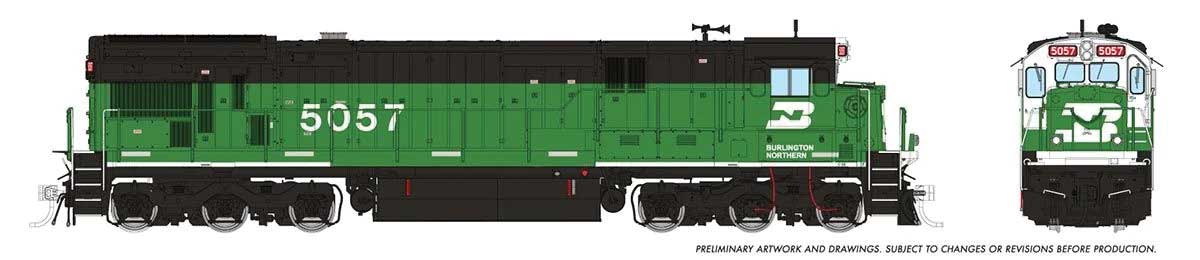 GE C36-7 - Sound and DCC -- Burlington Northern #5057 (Whiteface Scheme, Cascade Green, black)