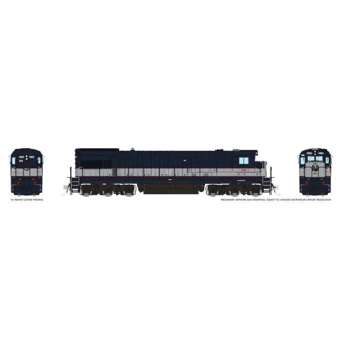 GE U34CH - Standard DC -- NJ Transit #4180 (Bluebird, blue, silver, red, Nose Logo)-3