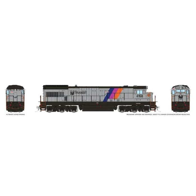 GE U34CH - Standard DC -- NJ Transit #4158 (Disco Stripe, silver, black, blue, purple, orange)