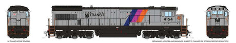 GE U34CH - Standard DC -- NJ Transit #4164 (Disco Stripe, silver, black, blue, purple, orange)