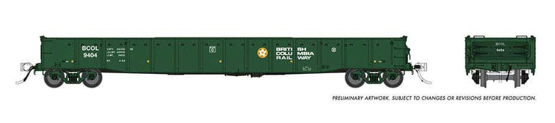 52' 6" Canadian Mill Gondola 6-Pack - Ready to Run -- British Columbia Railway (green, white, yellow, Dogwood Logo)