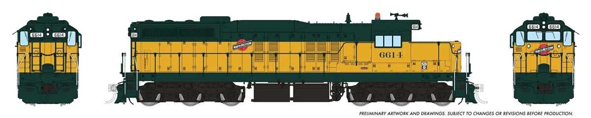 EMD SD9 Low Nose - Standard DC -- Chicago & North Western #6614 (yellow, green)