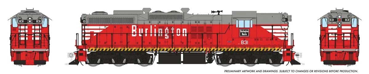 EMD SD9 High Nose - Standard DC -- Chicago, Burlington & Quincy #831 (Chinese Red, gray, white)