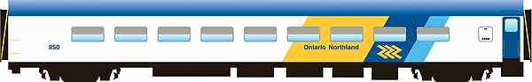 Dayniter Leg-Rest Coach - Ready to Run - Panorama Line(TM) -- Ontario Northland #850 (white, yellow, blue, Chevron Markings)-1