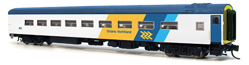 Dayniter Leg-Rest Coach - Ready to Run - Panorama Line(TM) -- Ontario Northland #854 (white, yellow, blue, Chevron Markings)