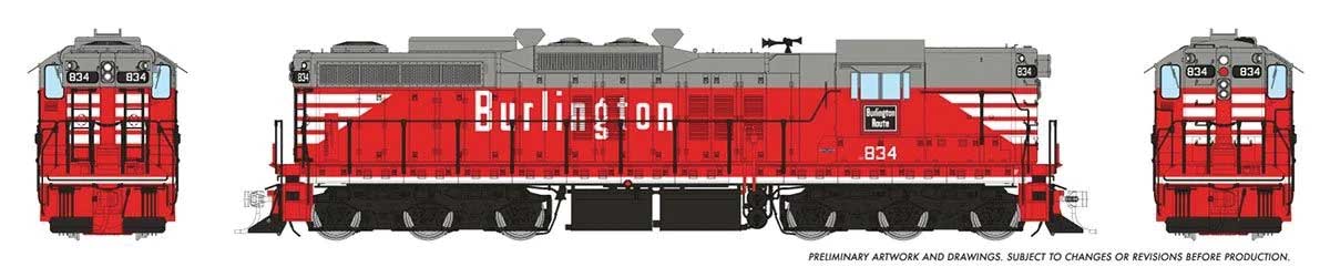 EMD SD9 High Nose - ESU LokSound and DCC -- Chicago, Burlington & Quincy #834 (Chinese Red, gray, white)
