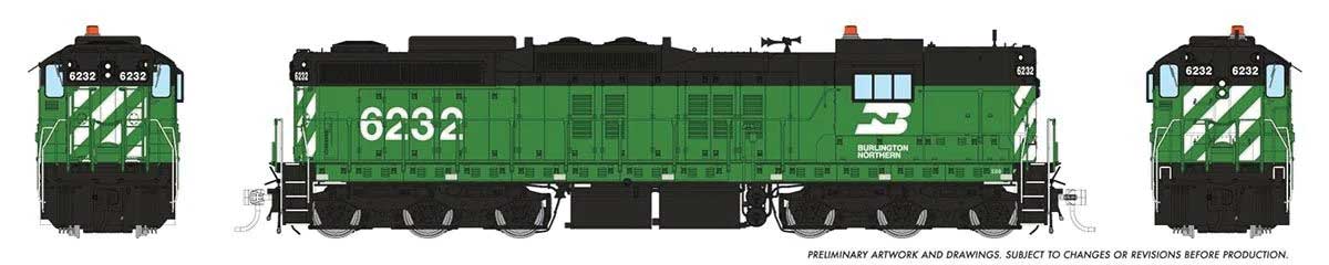 EMD SD9 High Nose - ESU LokSound and DCC -- Burlington Northern #6232 (Cascade Green, black, white)