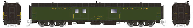 73' Smooth Side Baggage-Express w/6-Wheel Trucks - Ready to Run Panorama Line -- Ontario Northland #411 (green, black, Standard Ends)
