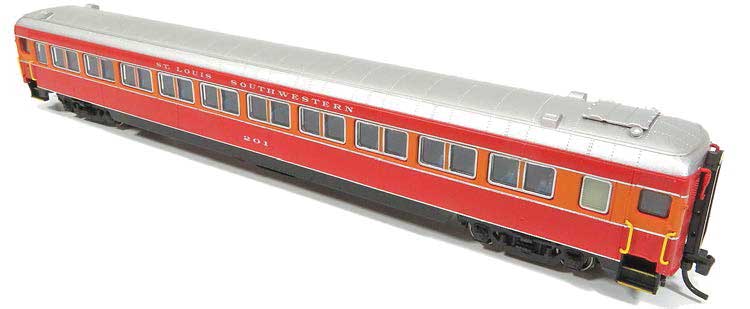 Osgood Bradley Lightweight 10-Window Coach with Skirts - Ready to Run -- Cotton Belt SSW 206 (Daylight, orange, red, silver, Hatch Roof)
