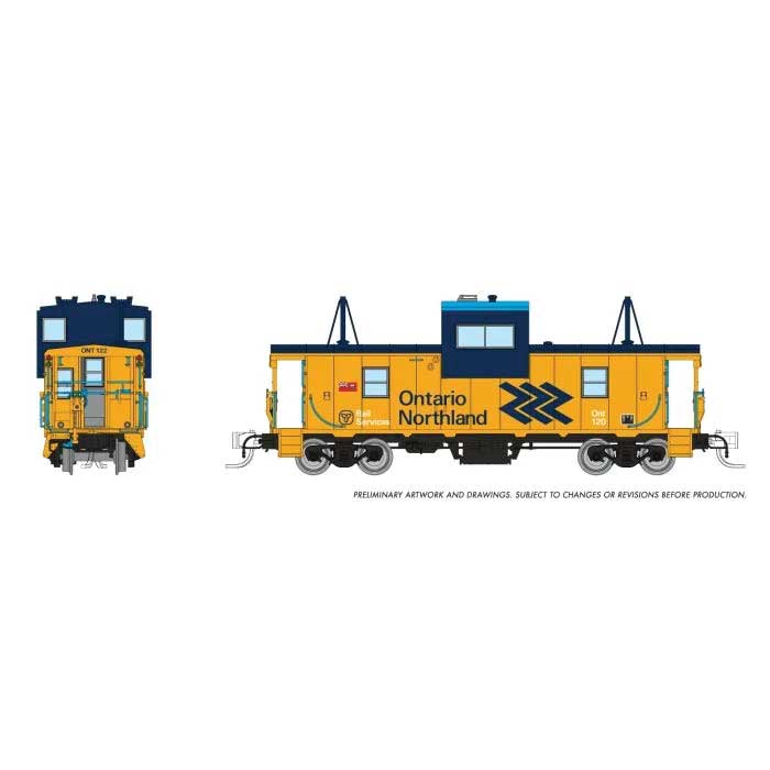 Angus Shops Wide Vision Caboose with Lights - Ready to Run -- Ontario Northland #124 (yellow, blue, Chevron Logo)