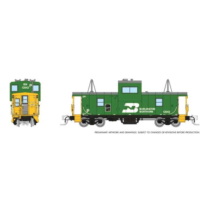 Angus Shops Wide Vision Caboose with Lights - Ready to Run -- Burlington Northern #12042 (Cascade Green, yellow, white)