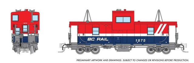 Angus Shops Wide Vision Caboose with Lights - Ready to Run -- BC Rail #1875 (red, blue, white Hockey Stick)