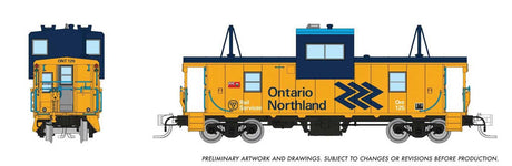 Angus Shops Wide Vision Caboose with Lights - Ready to Run -- Ontario Northland #125 (yellow, blue, Chevron Logo)