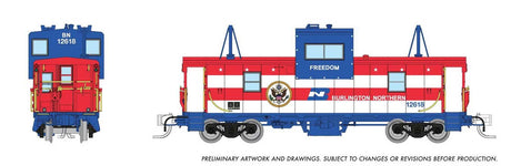 Angus Shops Wide Vision Caboose with Lights - Ready to Run -- Burlington Northern #12618 (Freedom, Bicentennial, red, white, blue)