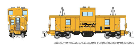 Angus Shops Wide Vision Caboose with Lights - Ready to Run -- Denver & Rio Grande Wesstern #01507 (Aspen Gold, The Action Road Slogan)