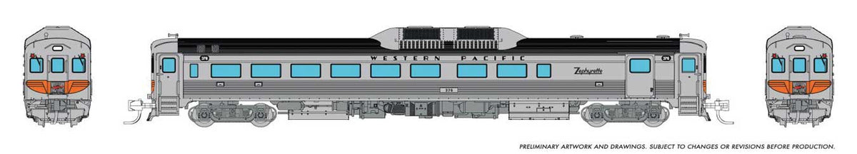 Budd RDC-2 Phase 1 - Standard DC -- Western Pacific #376 (stainless, orange, black, Zephyrette Logo)