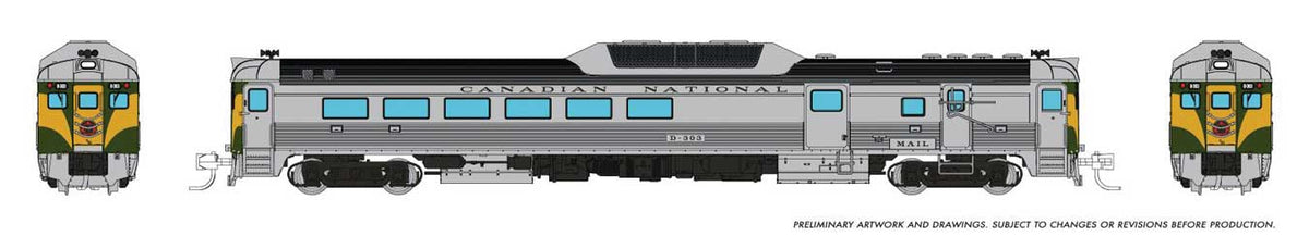 Budd RDC-3 Phase 2 - Standard DC -- Canadian National #D303 (As-Delivered, stainless, green, yellow)