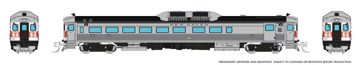 Budd RDC-2 Phase 1 - Sound and DCC -- New Haven #121 (stainless, white, vermillion, McGinnis Logo)
