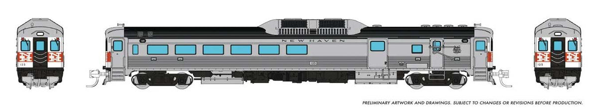Budd RDC-3 Phase 1 - Sound and DCC -- New Haven #125 (stainless, white, vermillion, McGinnis Logo)