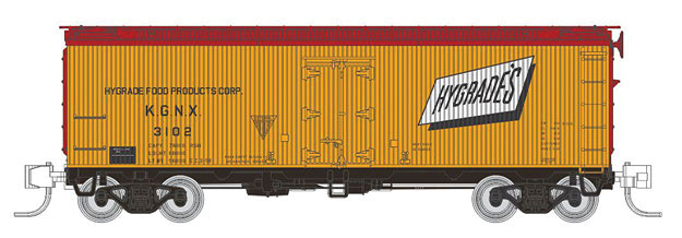 General American 37' Wood Meat Reefer 4-Pack - Ready to Run -- Hygrade's KGNX #3103, 3109, 3112, 3135 (50s Scheme, yellow, Boxcar Red)
