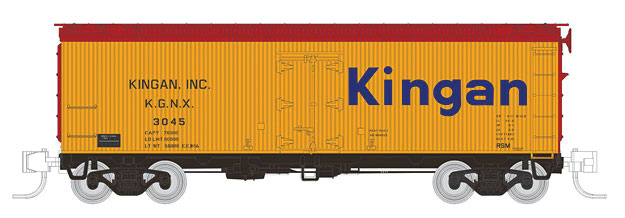 General American 37' Wood Meat Reefer 4-Pack - Ready to Run -- Kingan KGNX #3045, 3082, 3120, 3137 (1950s Scheme, yellow, Large Logo)